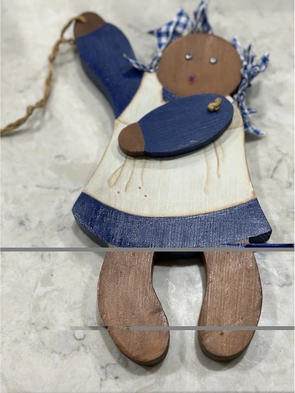 Vintage handcrafted wood Rag doll Wall Hanging Folk Art 10 Inches Tall